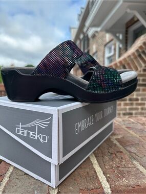 Dansko Black Slide Mules with Iridescent Multi-Color Upper